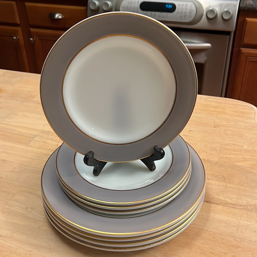 8 Vintage Pyrex Milkglass Plates with Dover Gray Border, Gold Rim, Made in USA